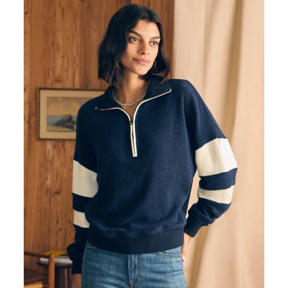 Faherty Beach Fleece Quarter Zip Sweatshirt Striped Jacket Navy Blue White